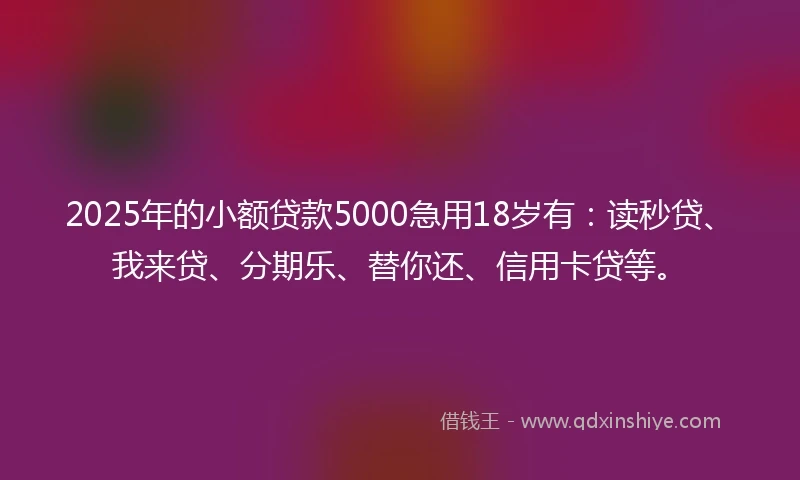 2025年的小额贷款5000急用18岁有：读秒贷、我来贷、分期乐、替你还、信用卡贷等。
