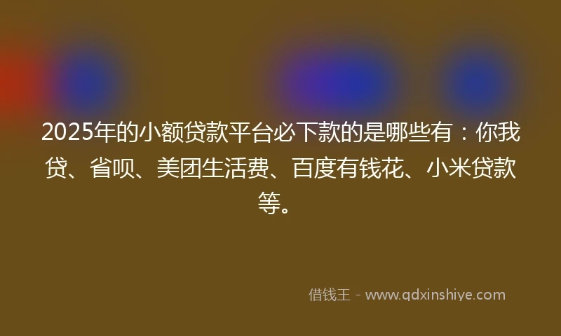 2025年的小额贷款平台必下款的是哪些有：你我贷、省呗、美团生活费、百度有钱花、小米贷款等。