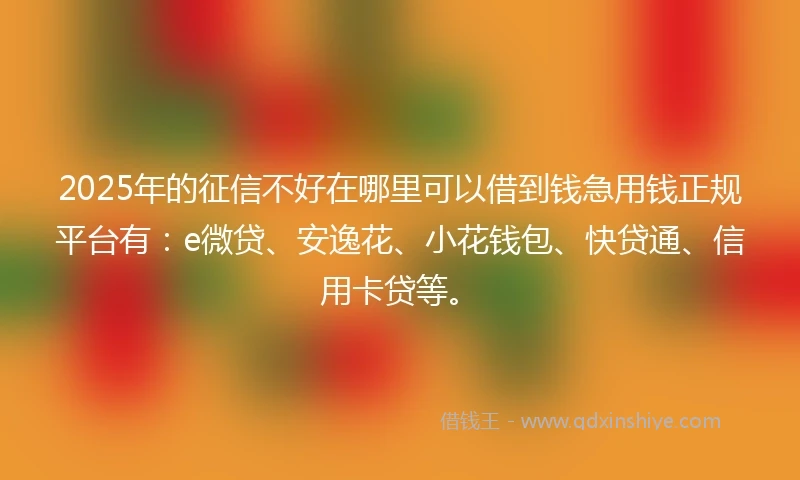 2025年的征信不好在哪里可以借到钱急用钱正规平台有：e微贷、安逸花、小花钱包、快贷通、信用卡贷等。