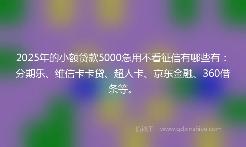 2025年的小额贷款5000急用不看征信有哪些有：分期乐、维信卡卡贷、超人卡、京东金融、360借条等。