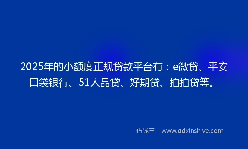 2025年的小额度正规贷款平台有：e微贷、平安口袋银行、51人品贷、好期贷、拍拍贷等。