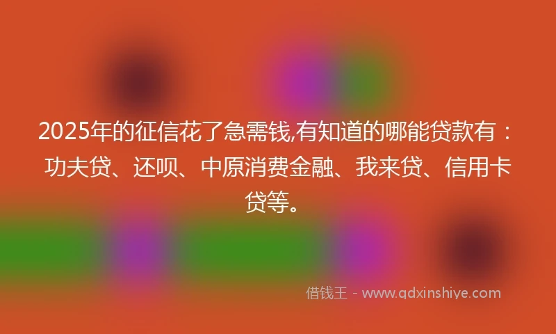 2025年的征信花了急需钱,有知道的哪能贷款有：功夫贷、还呗、中原消费金融、我来贷、信用卡贷等。