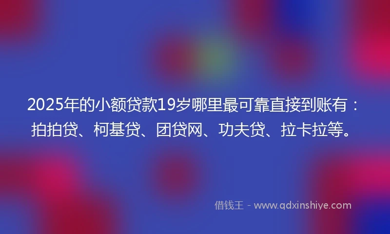 2025年的小额贷款19岁哪里最可靠直接到账有：拍拍贷、柯基贷、团贷网、功夫贷、拉卡拉等。