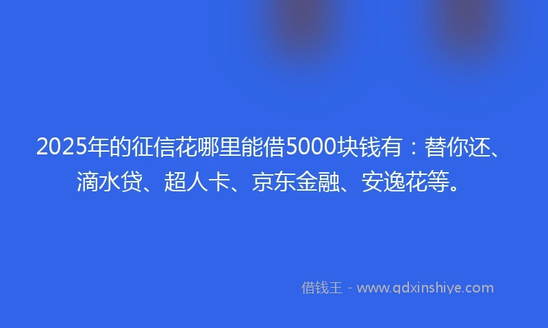 2025年的征信花哪里能借5000块钱有:替你还、滴水贷、超人卡、京东金融、安逸花等。