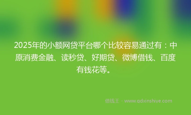 2025年的小额网贷平台哪个比较容易通过有：中原消费金融、读秒贷、好期贷、微博借钱、百度有钱花等。