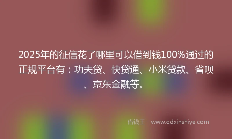 2025年的征信花了哪里可以借到钱100%通过的正规平台有:功夫贷、快贷通、小米贷款、省呗、京东金融等。