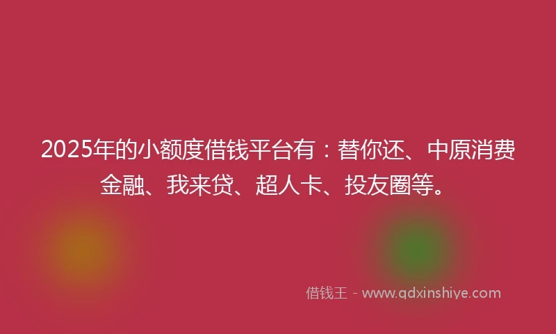 2025年的小额度借钱平台有：替你还、中原消费金融、我来贷、超人卡、投友圈等。