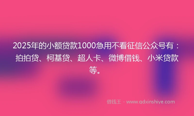 2025年的小额贷款1000急用不看征信公众号有：拍拍贷、柯基贷、超人卡、微博借钱、小米贷款等。