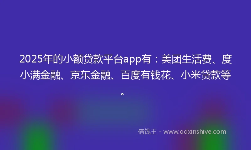 2025年的小额贷款平台app有：美团生活费、度小满金融、京东金融、百度有钱花、小米贷款等。