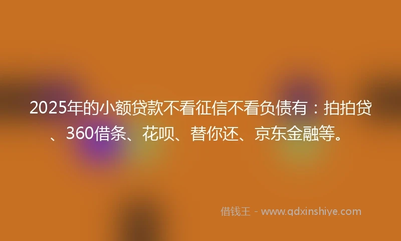 2025年的小额贷款不看征信不看负债有：拍拍贷、360借条、花呗、替你还、京东金融等。