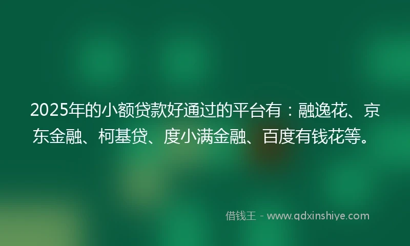 2025年的小额贷款好通过的平台有：融逸花、京东金融、柯基贷、度小满金融、百度有钱花等。
