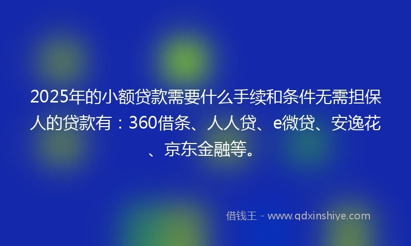 2025年的小额贷款需要什么手续和条件无需担保人的贷款有：360借条、人人贷、e微贷、安逸花、京东金融等。