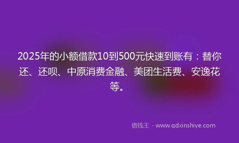 2025年的小额借款10到500元快速到账有：替你还、还呗、中原消费金融、美团生活费、安逸花等。