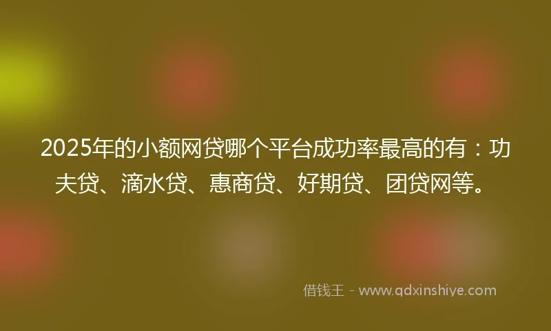 2025年的小额网贷哪个平台成功率最高的有：功夫贷、滴水贷、惠商贷、好期贷、团贷网等。
