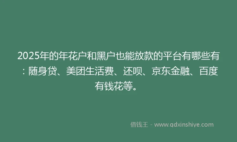 2025年的年花户和黑户也能放款的平台有哪些有：随身贷、美团生活费、还呗、京东金融、百度有钱花等。