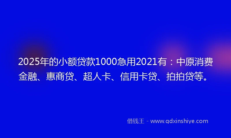 2025年的小额贷款1000急用2021有：中原消费金融、惠商贷、超人卡、信用卡贷、拍拍贷等。