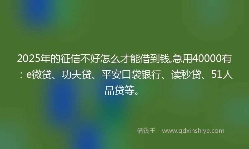 2025年的征信不好怎么才能借到钱,急用40000有：e微贷、功夫贷、平安口袋银行、读秒贷、51人品贷等。