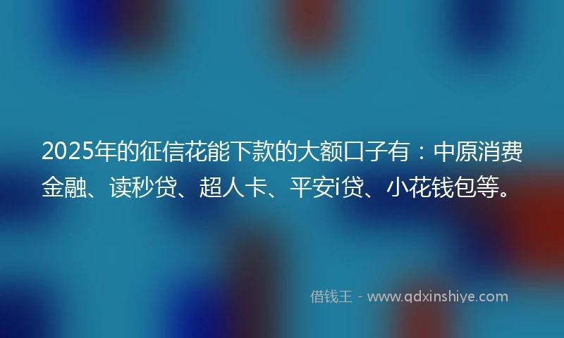 2025年的征信花能下款的大额口子有:中原消费金融、读秒贷、超人卡、平安i贷、小花钱包等。