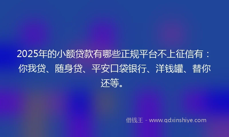 2025年的小额贷款有哪些正规平台不上征信有：你我贷、随身贷、平安口袋银行、洋钱罐、替你还等。