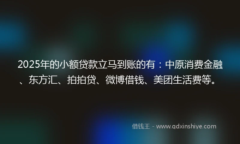 2025年的小额贷款立马到账的有：中原消费金融、东方汇、拍拍贷、微博借钱、美团生活费等。