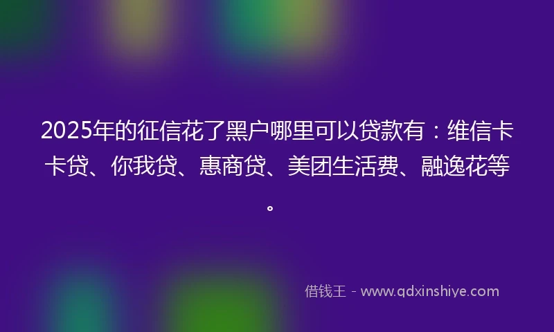 2025年的征信花了黑户哪里可以贷款有:维信卡卡贷、你我贷、惠商贷、美团生活费、融逸花等。