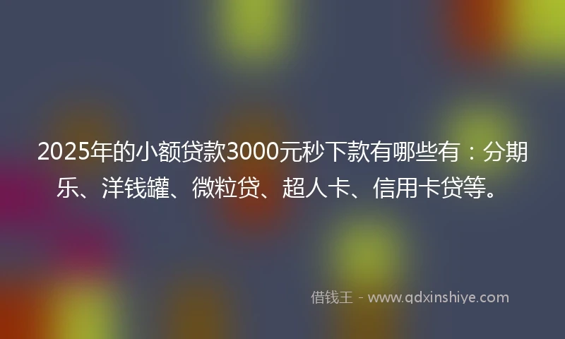 2025年的小额贷款3000元秒下款有哪些有：分期乐、洋钱罐、微粒贷、超人卡、信用卡贷等。