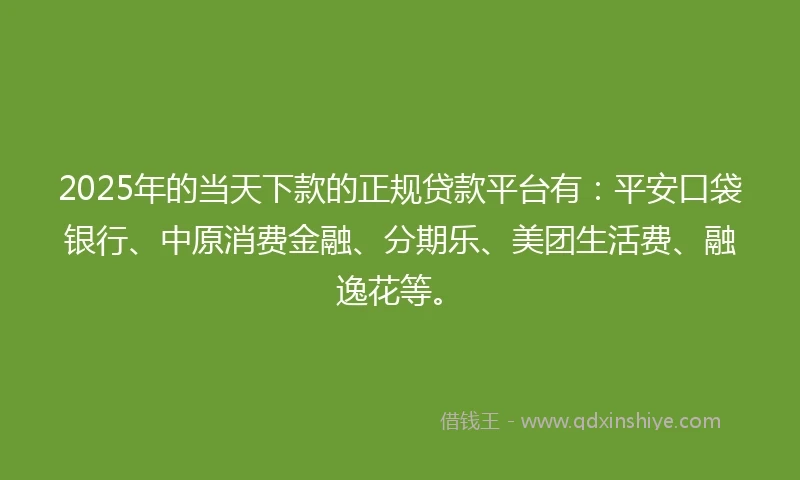2025年的当天下款的正规贷款平台有：平安口袋银行、中原消费金融、分期乐、美团生活费、融逸花等。