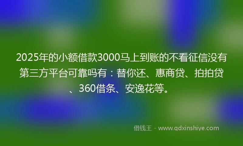 2025年的小额借款3000马上到账的不看征信没有第三方平台可靠吗有：替你还、惠商贷、拍拍贷、360借条、安逸花等。