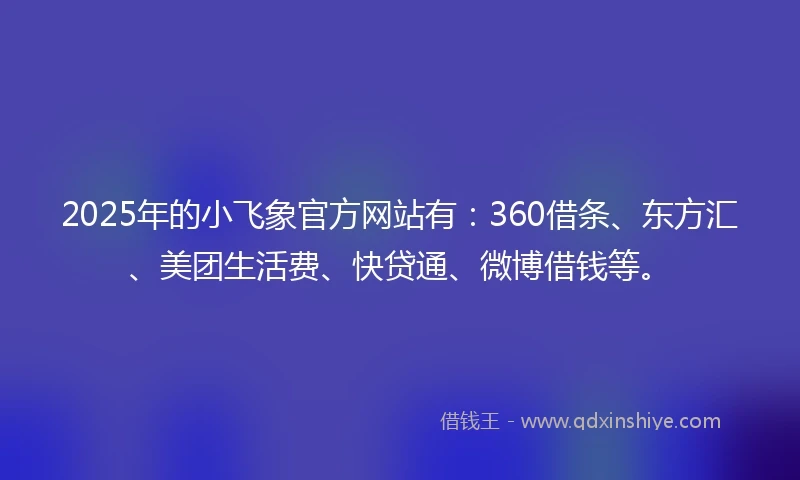 2025年的小飞象官方网站有：360借条、东方汇、美团生活费、快贷通、微博借钱等。