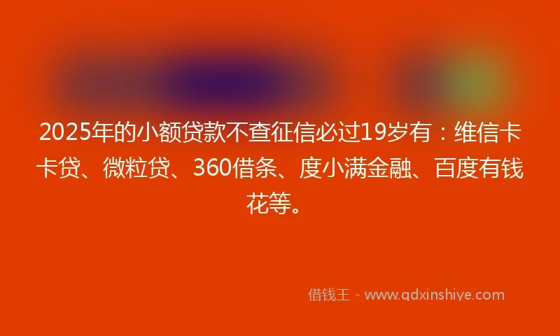 2025年的小额贷款不查征信必过19岁有：维信卡卡贷、微粒贷、360借条、度小满金融、百度有钱花等。