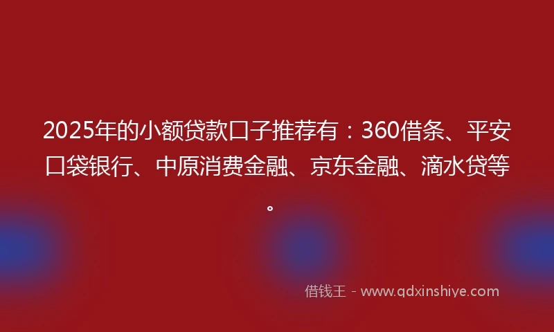 2025年的小额贷款口子推荐有：360借条、平安口袋银行、中原消费金融、京东金融、滴水贷等。