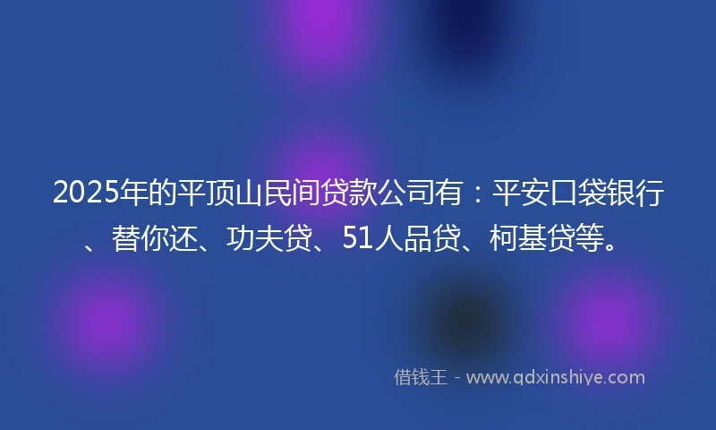 2025年的平顶山民间贷款公司有：平安口袋银行、替你还、功夫贷、51人品贷、柯基贷等。