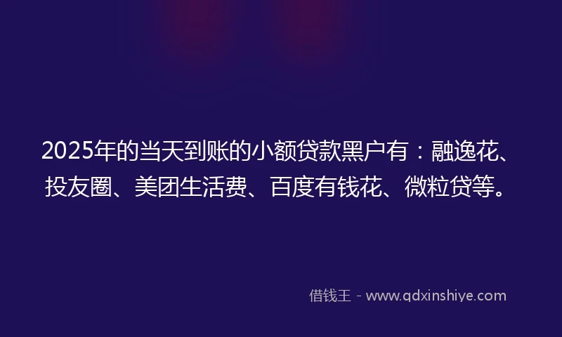 2025年的当天到账的小额贷款黑户有：融逸花、投友圈、美团生活费、百度有钱花、微粒贷等。