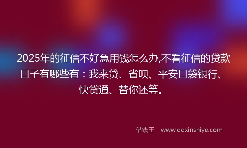 2025年的征信不好急用钱怎么办,不看征信的贷款口子有哪些有：我来贷、省呗、平安口袋银行、快贷通、替你还等。