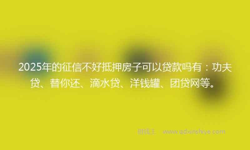 2025年的征信不好抵押房子可以贷款吗有：功夫贷、替你还、滴水贷、洋钱罐、团贷网等。