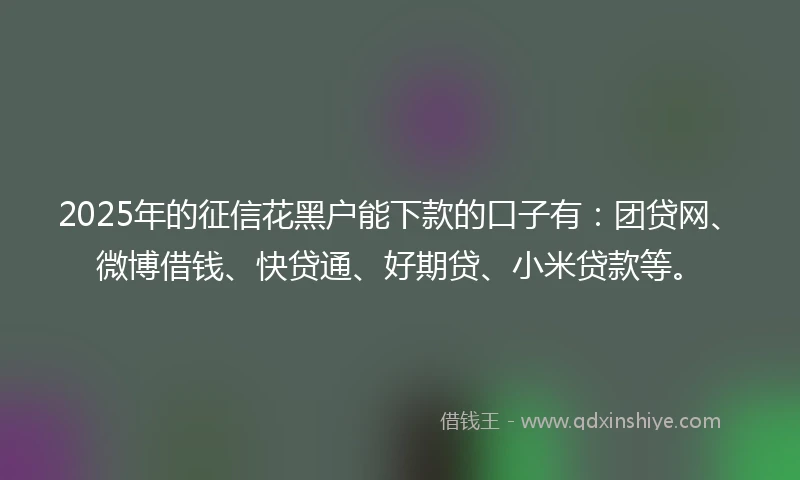 2025年的征信花黑户能下款的口子有：团贷网、微博借钱、快贷通、好期贷、小米贷款等。