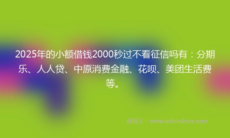 2025年的小额借钱2000秒过不看征信吗有：分期乐、人人贷、中原消费金融、花呗、美团生活费等。