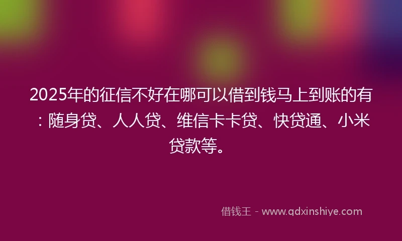 2025年的征信不好在哪可以借到钱马上到账的有：随身贷、人人贷、维信卡卡贷、快贷通、小米贷款等。