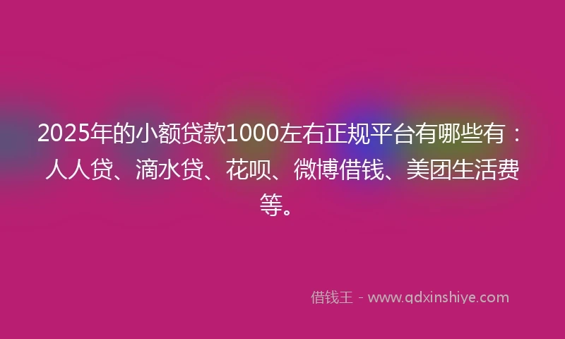2025年的小额贷款1000左右正规平台有哪些有：人人贷、滴水贷、花呗、微博借钱、美团生活费等。