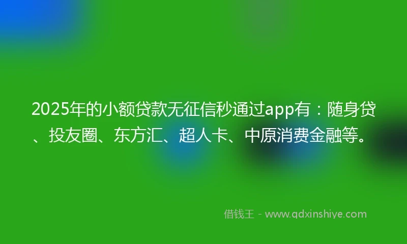 2025年的小额贷款无征信秒通过app有：随身贷、投友圈、东方汇、超人卡、中原消费金融等。