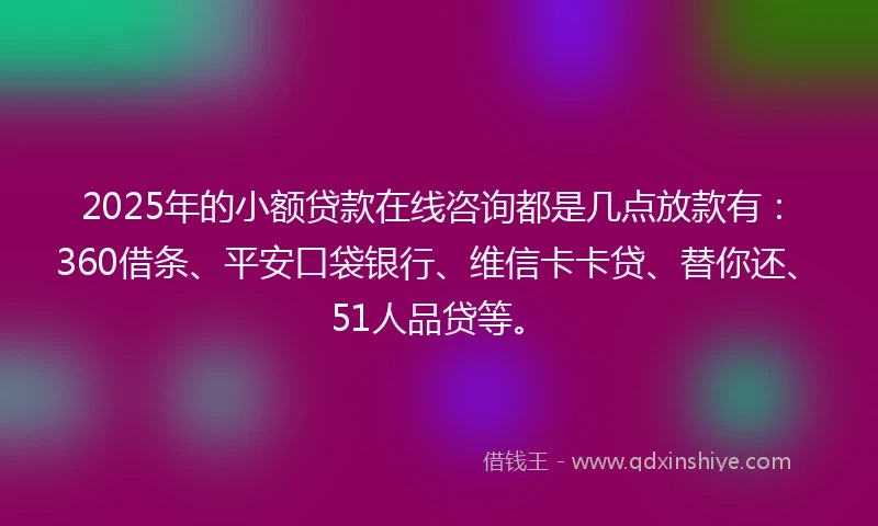 2025年的小额贷款在线咨询都是几点放款有：360借条、平安口袋银行、维信卡卡贷、替你还、51人品贷等。