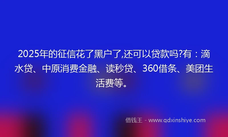 2025年的征信花了黑户了,还可以贷款吗?有：滴水贷、中原消费金融、读秒贷、360借条、美团生活费等。