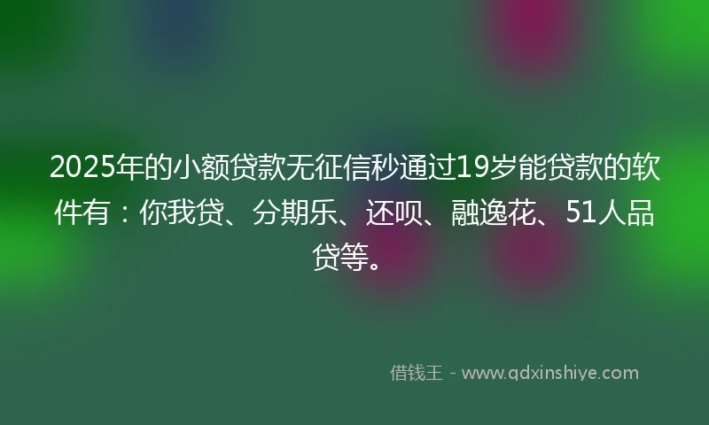 2025年的小额贷款无征信秒通过19岁能贷款的软件有：你我贷、分期乐、还呗、融逸花、51人品贷等。