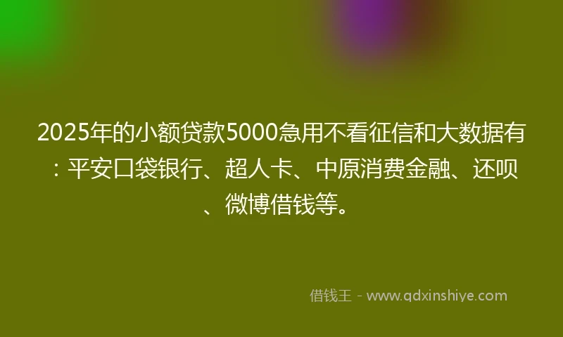 2025年的小额贷款5000急用不看征信和大数据有：平安口袋银行、超人卡、中原消费金融、还呗、微博借钱等。