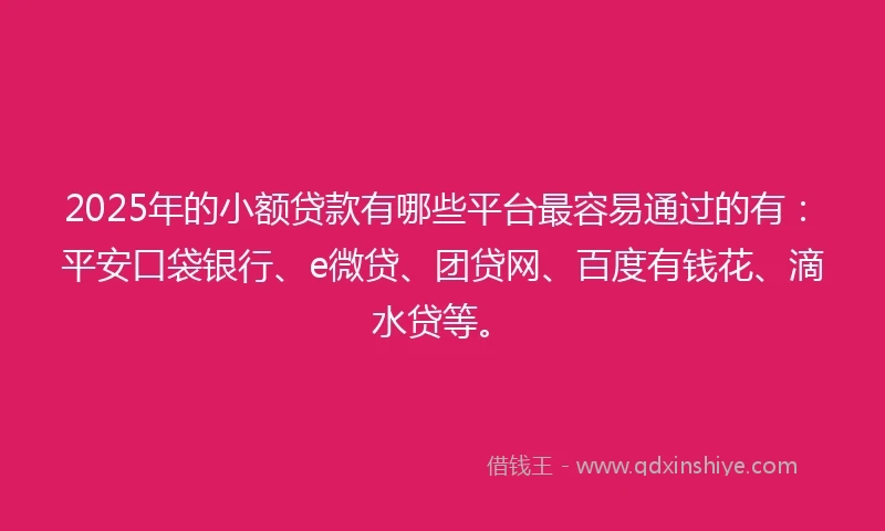2025年的小额贷款有哪些平台最容易通过的有：平安口袋银行、e微贷、团贷网、百度有钱花、滴水贷等。