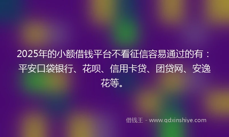 2025年的小额借钱平台不看征信容易通过的有：平安口袋银行、花呗、信用卡贷、团贷网、安逸花等。