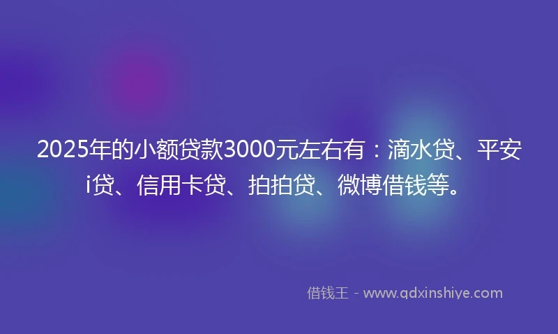 2025年的小额贷款3000元左右有：滴水贷、平安i贷、信用卡贷、拍拍贷、微博借钱等。