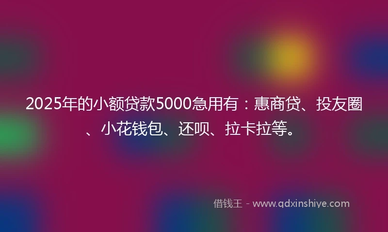 2025年的小额贷款5000急用有：惠商贷、投友圈、小花钱包、还呗、拉卡拉等。