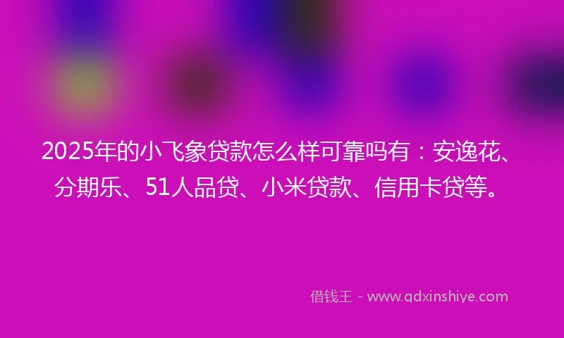 2025年的小飞象贷款怎么样可靠吗有:安逸花、分期乐、51人品贷、小米贷款、信用卡贷等。