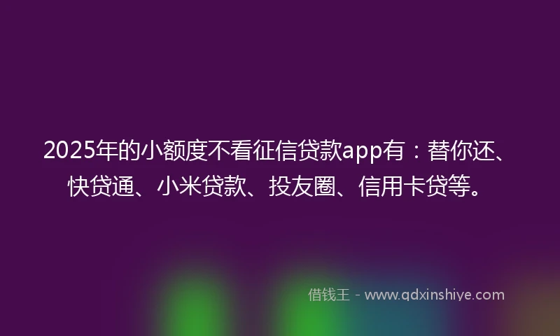 2025年的小额度不看征信贷款app有：替你还、快贷通、小米贷款、投友圈、信用卡贷等。